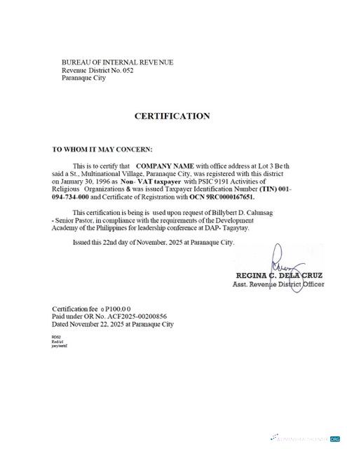 Download Philippines tax certification Word and PDF template Photoshop template